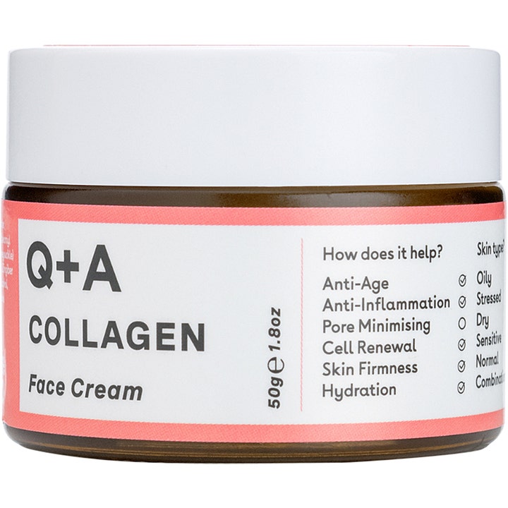 Q+A Collagen Face Cream 50g fuktighetsgivende ansiktskrem i brun glasskrukke med hvitt lokk og rosa detaljer