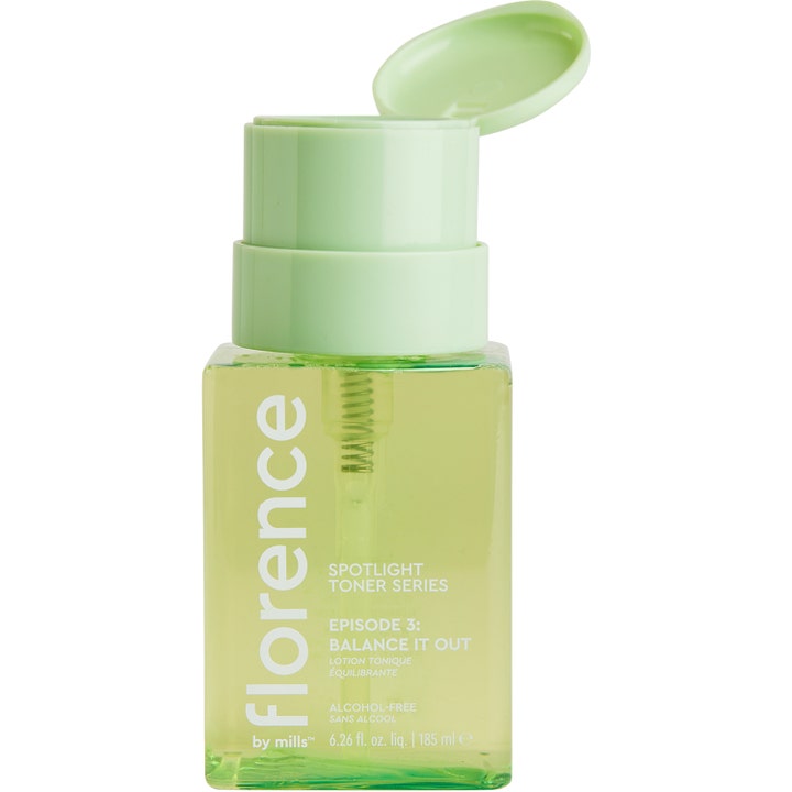 Florence by Mills Spotlight Toner 185 ml balanserende ansiktsvann i grønn flaske med lysegrønn pumpe.