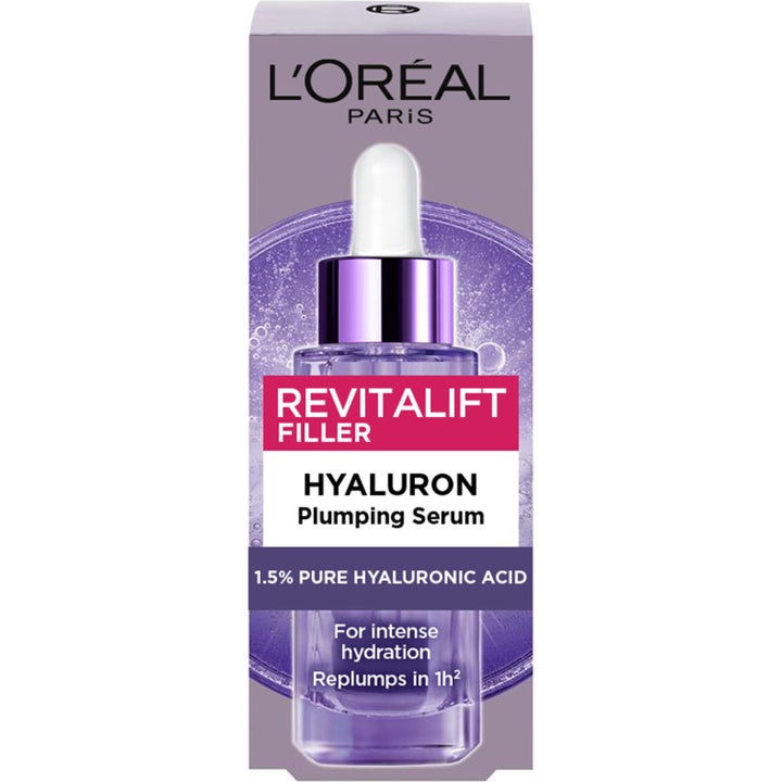 L'Oréal Paris Revitalift Filler 30 ml hyaluronsyreserum i lilla eske som gir intens fuktighet og fylde.