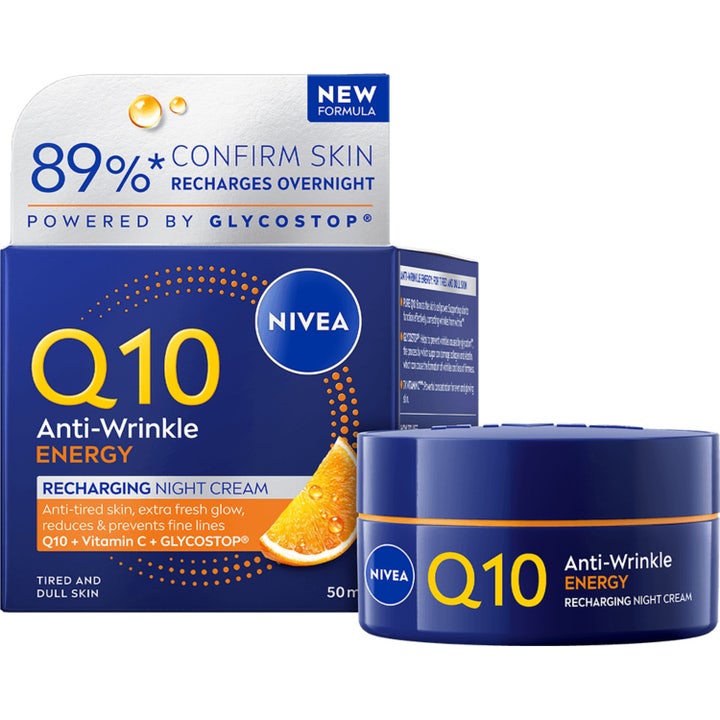 Nivea Q10 Anti-Wrinkle Energy 50 ml nattkrem som gir glød i blå krukke og eske med en appelsinillustrasjon