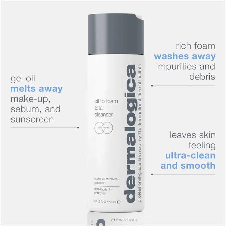 Dermalogica Oil to Foam Cleanser 250 ml ansiktsrens på hvit flaske som fjerner sminke og urenheter for en ultra-ren hud