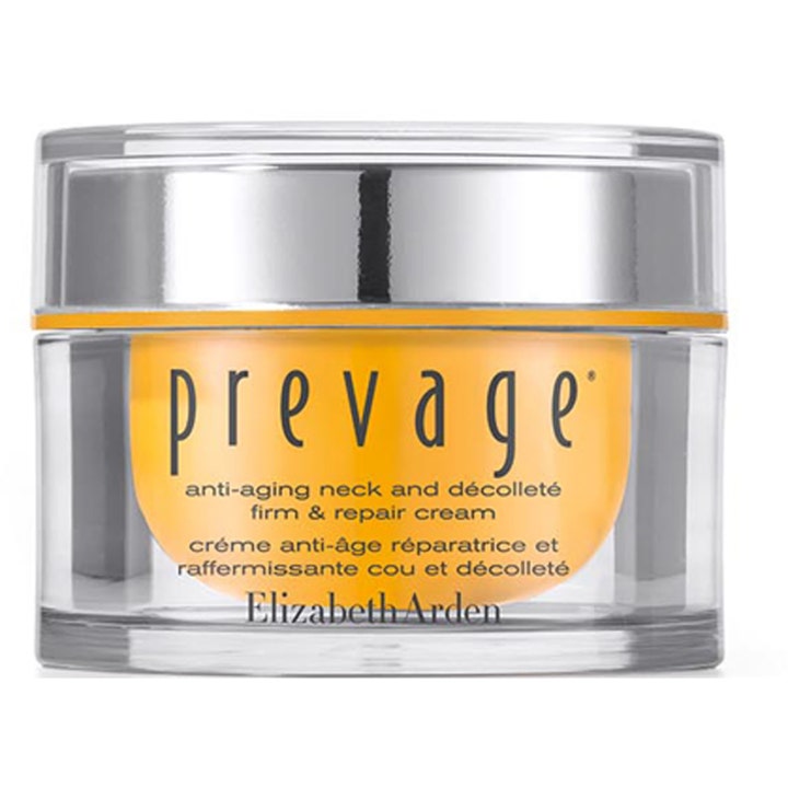 Elizabeth Arden Prevage Anti-Aging Neck and Décolleté Firm & Repair Cream i en luksuriøs glasskrukke med sølvlokk.