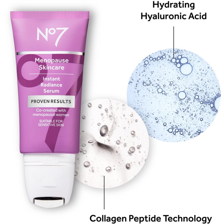 No7 Menopause Skincare Instant Radiance Serum 30 ml ansiktsserum i lilla tube med hyaluronsyre og kollagenpeptider
