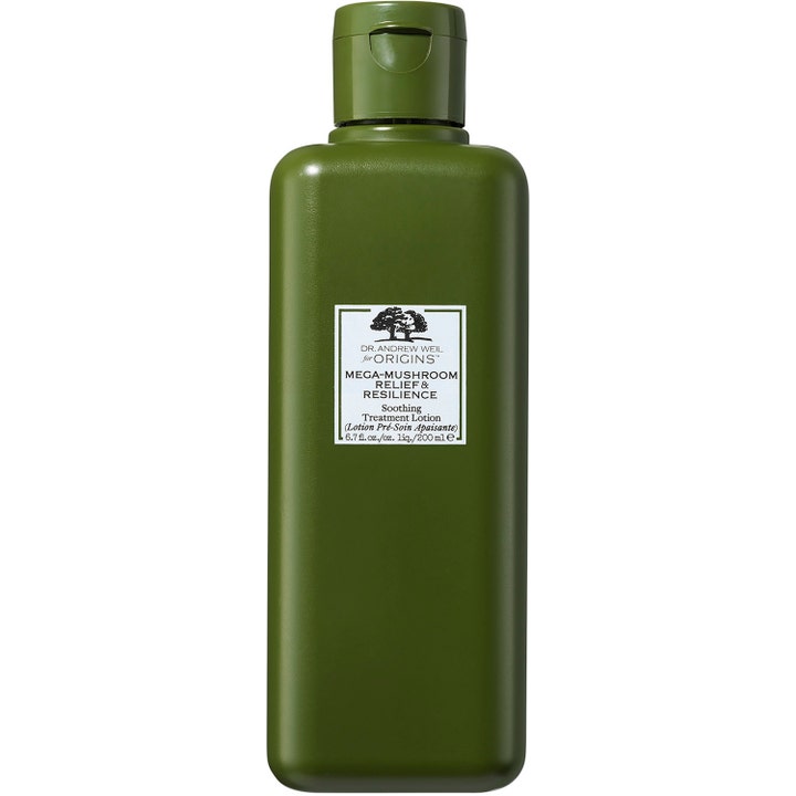 Origins Mega-Mushroom Relief & Resilience 200 ml beroligende ansiktslotion i mørkegrønn flaske med hvit etikett
