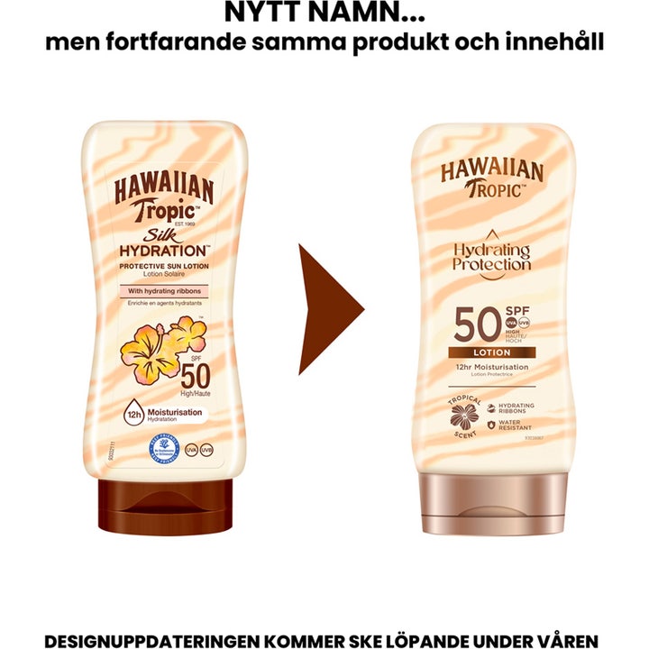 Hawaiian Tropic Hydrating Protection Lotion SPF50 180 ml solkrem viser nytt design på flasken med fuktighetsstriper