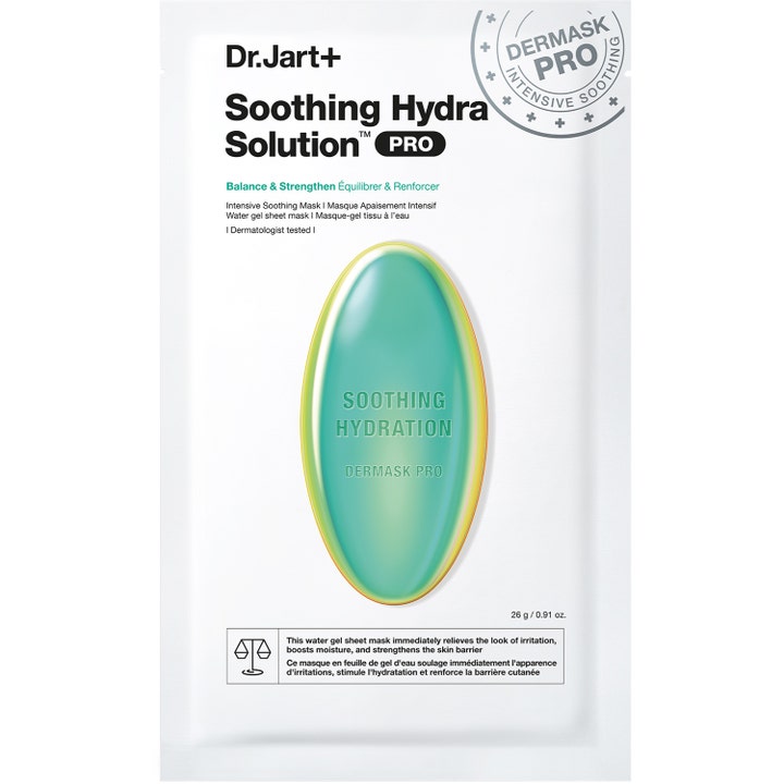 Dr. Jart+ Soothing Hydra Solution Pro 26 g fuktgivende ansiktsmaske i hvit sachet med grønn kapselillustrasjon.