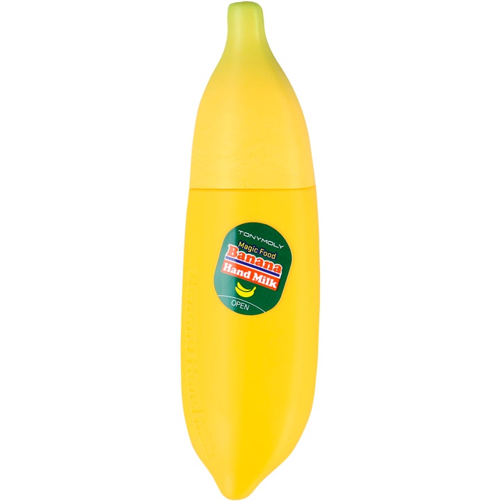 TonyMoly Magic Food Banana Hand Milk 45 ml fuktighetsgivende håndkrem i bananformet gul tube.