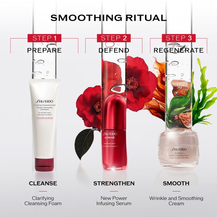 Shiseido Ultimune Power Infusing Concentrate 50 ml i et tre-stegs hudpleieritual med rens og krem for glatt hud