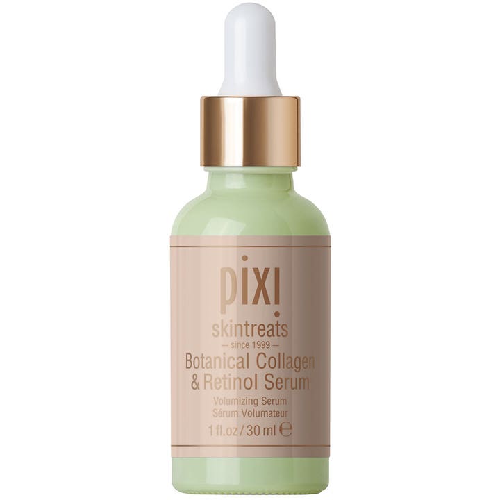 Pixi Botanical Collagen & Retinol Serum 30 ml volumgivende serum i grønn glassflaske med gullfarget kork og hvit pipette.
