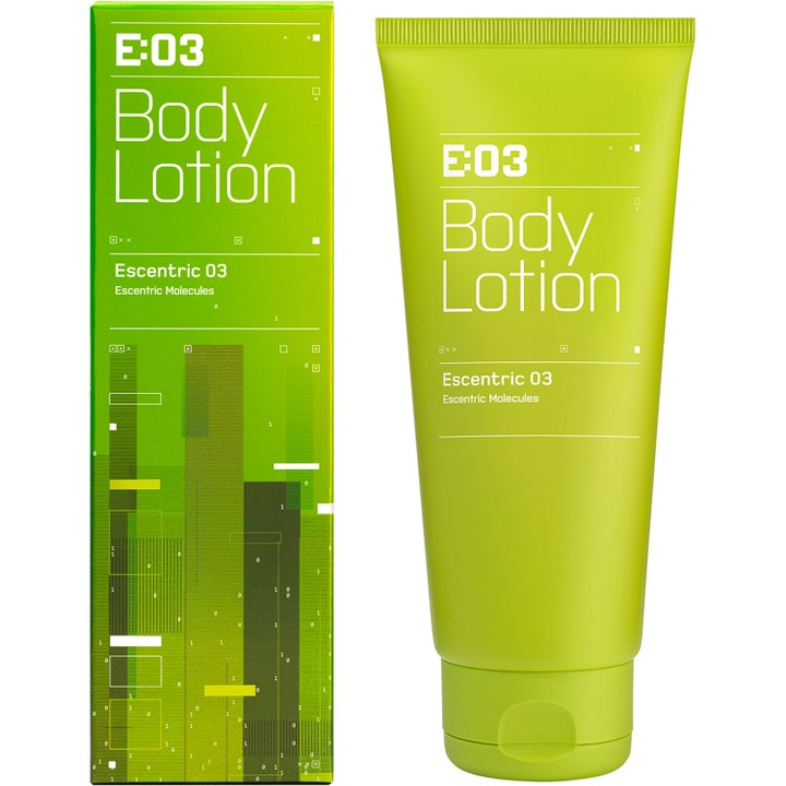 Escentric Molecules Escentric 03 Body Lotion 200 ml fuktighetsgivende kroppspleie i limegrønn tube og mønstret eske