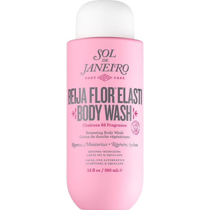 Sol de Janeiro Beija Flor Renewing Body Wash 385 ml fornyende kroppsvask i rosa flaske med hvit kork og gul logo