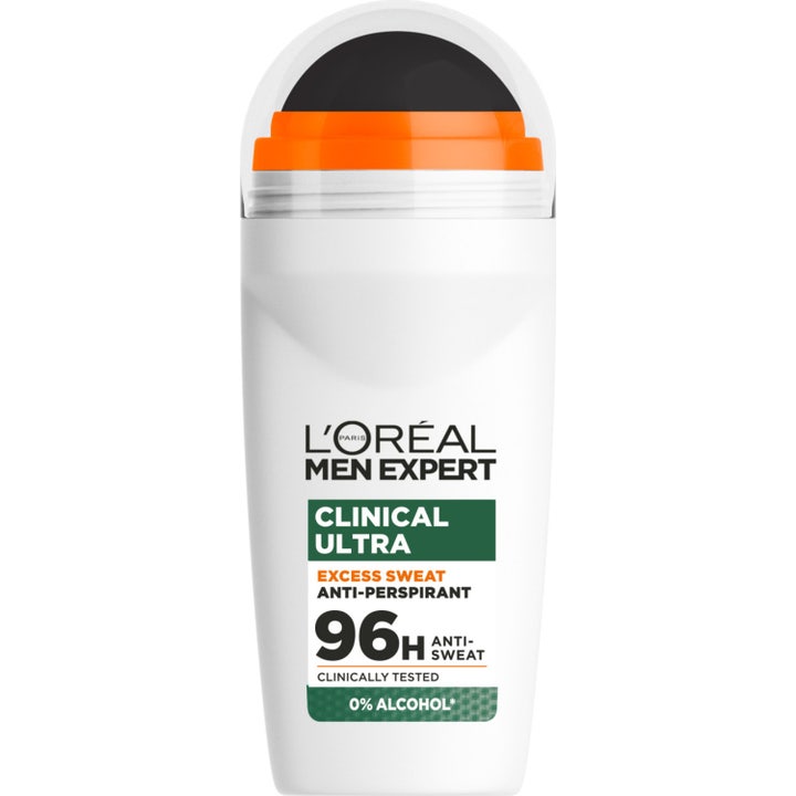 L'Oréal Men Expert Clinical Ultra 96H anti-perspirant roll-on mot svette i hvit flaske med oransje kant og svart kule.