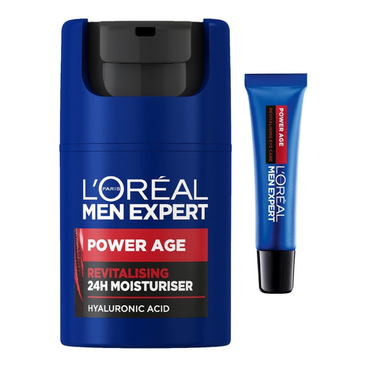 L'Oréal Men Expert Power Age fuktighetssett med hyaluronsyre i blå pumpeflaske og tube som gir revitalisert hud.