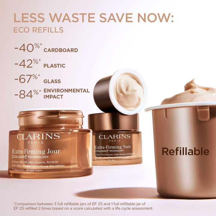 Clarins Extra-Firming Jour 50 ml rynkereduserende dagkrem i en bronsefarget refillbar krukke med rik tekstur.