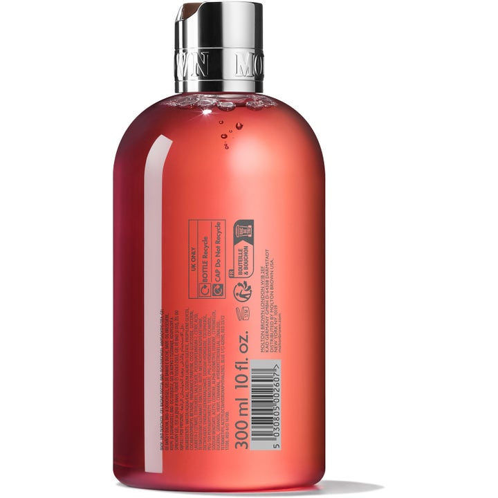 Molton Brown Heavenly Gingerlily Bath & Shower gel 300 ml dusjsåpe som viser ingrediensliste på baksiden av flasken