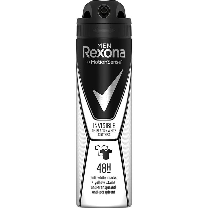 Rexona Men Invisible Black & White 150 ml spraydeodorant mot flekker på klær i sort og hvit sprayboks