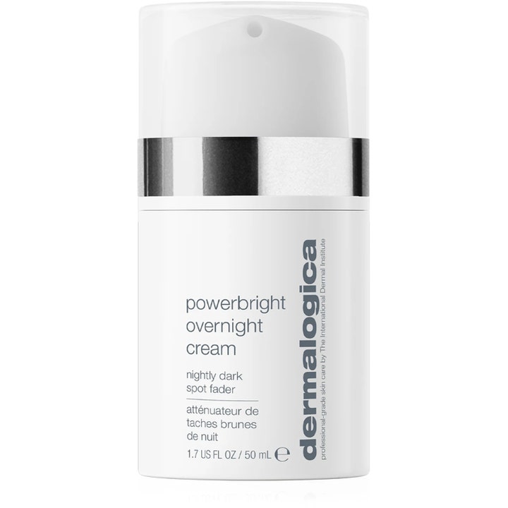 Dermalogica Powerbright Overnight Cream 50 ml nattkrem mot pigmentering i hvit pumpeflaske med sølvring og klart lokk