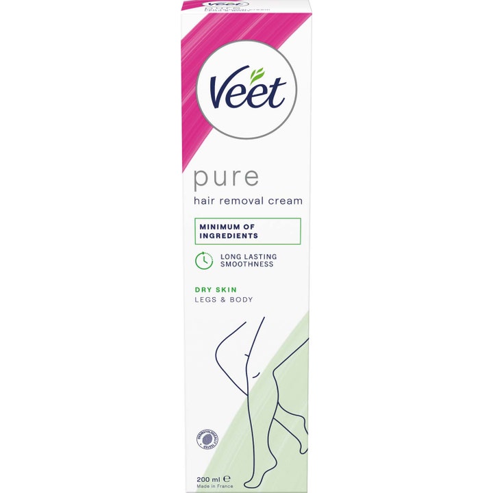 Veet Pure Hair Removal Cream 200 ml hårfjerningskrem for tørr hud i hvit eske med rosa detaljer og illustrasjon av ben