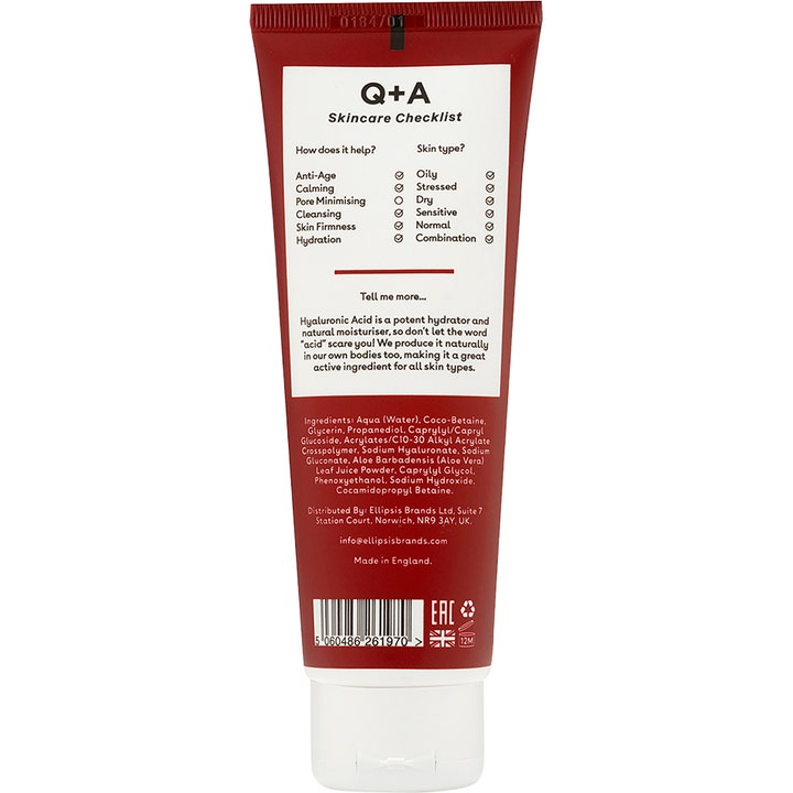 Q+A Hyaluronic Acid Gel Cleanser 125 ml fuktighetsgivende ansiktsrens viser baksiden av den røde tuben med sjekkliste.