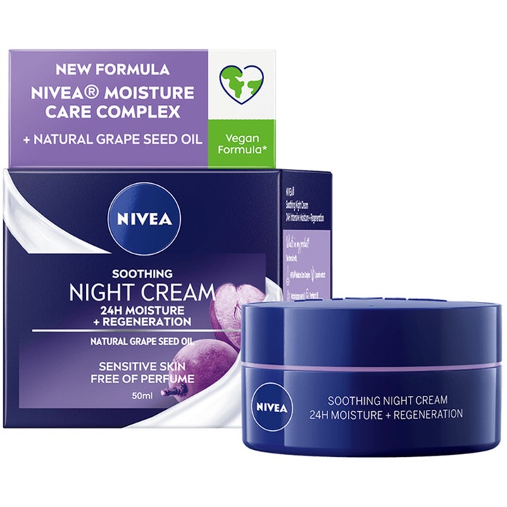 NIVEA Soothing Night Cream 50 ml beroligende nattkrem i mørkeblå krukke med druekjerneolje for sensitiv hud