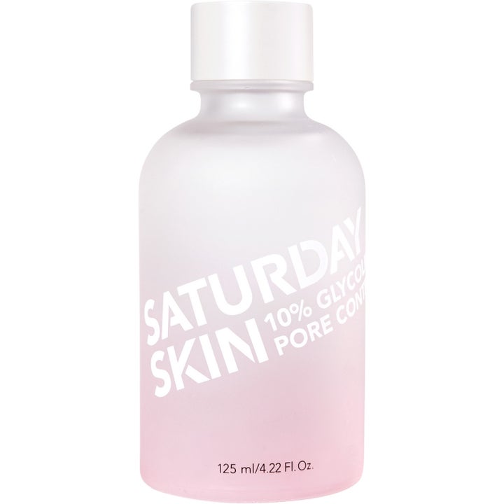 Saturday Skin 10% Glycolic Pore Control 125 ml eksfolierende toner i frostet flaske med hvit gradient og kork