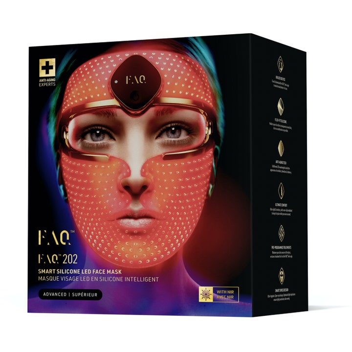 FAQ Swiss FAQ 202 Anti-Aging Silicone LED Mask 1 stk i eske som viser masken i bruk med rødt LED-lys for hudpleie