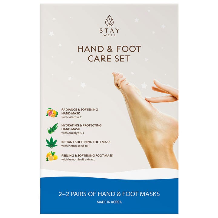Stay Well Hand & Foot Care Set med fire par masker i hvit og blå eske som gir myk og pleiet hud.