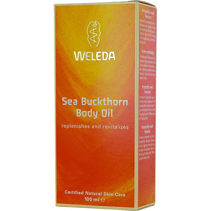 Weleda Sea Buckthorn Body Oil 100 ml pleiende kroppsolje i en strukturert oransje og gul eske med hvit skrift