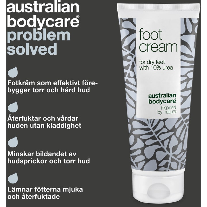 Australian Bodycare Foot Cream 100 ml pleiende fotkrem med 10 % urea i hvit tube med bladmønster og infografikk.