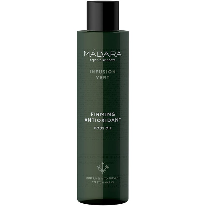 Mádara Infusion Vert Firming Antioxidant Body Oil 200ml oppstrammende kroppsolje i mørkegrønn flaske med svart kork