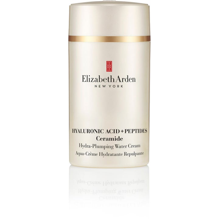 Elizabeth Arden Hyaluronic Acid Peptides Water Cream fuktighetskrem som gir fylde i perlemorshvit krukke med gulldetaljer