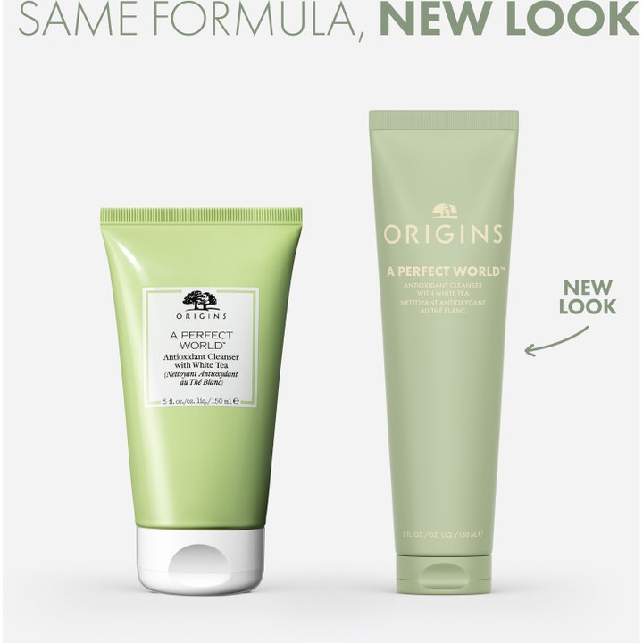 Origins A Perfect World Antioxidant Cleanser 150 ml rengjøringsskum viser gammel og ny design på grønne tuber