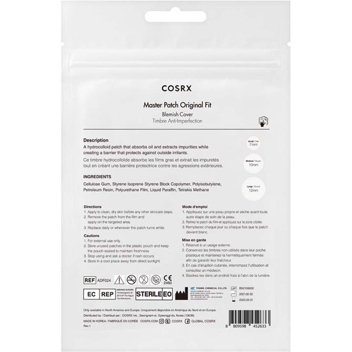 COSRX Master Patch Original Fit 24 stk kviseplaster som beskytter urenheter vist fra baksiden med størrelsesguide.