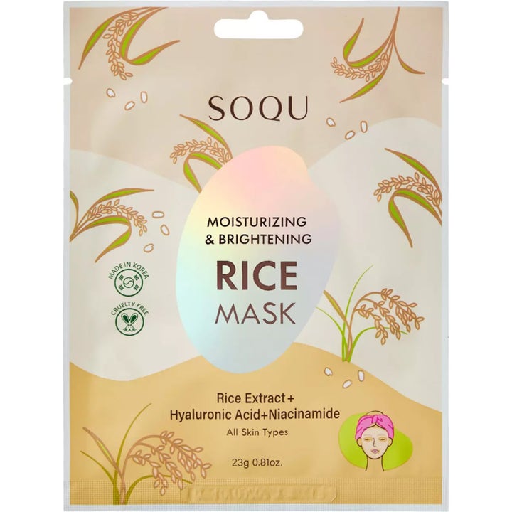SOQU Rice Mask 23g fuktighetsgivende og glødgivende sheetmaske i beige emballasje med risillustrasjoner