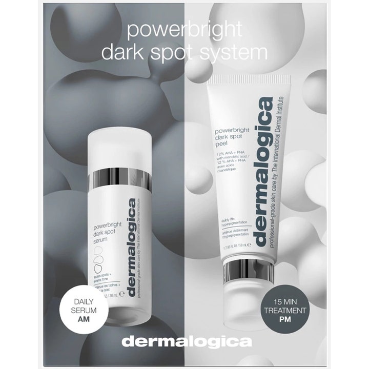 Dermalogica Powerbright Dark Spot System 30ml og 50ml mot pigmentflekker med hvit pumpeflaske og tube.