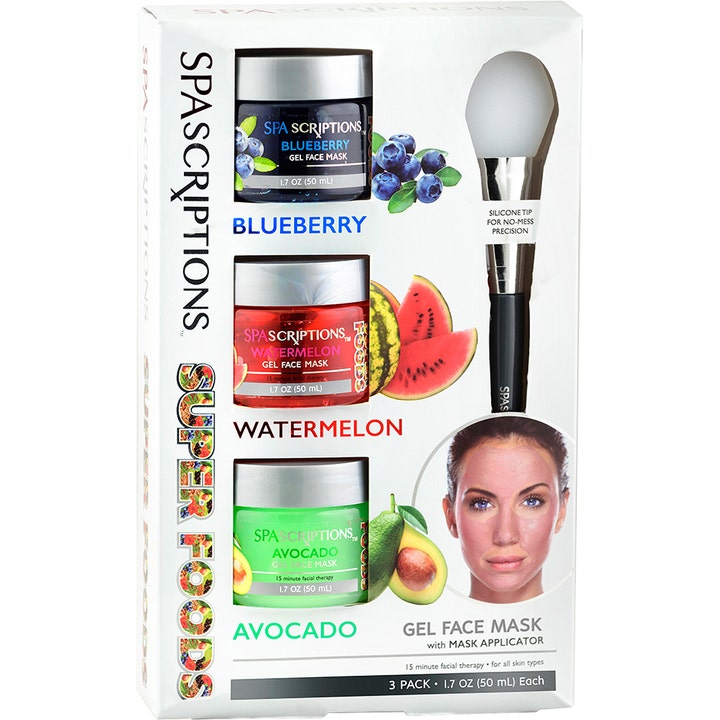 Spa Scriptions Super Foods Gel Face Mask 3x50ml ansiktsmasker med blåbær vannmelon og avokado samt hvit silikonbørste