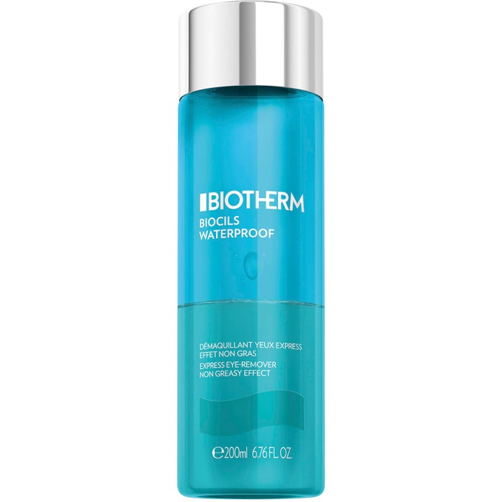 Biotherm Biocils Waterproof 200 ml øyesminkefjerner fjerner vannfast sminke i blå tofaset flaske med sølvkork