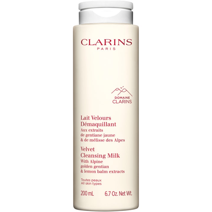 Clarins Velvet Cleansing Milk 200 ml beroligende rensemelk med alpeurter i en kremhvit flaske med hvit kork