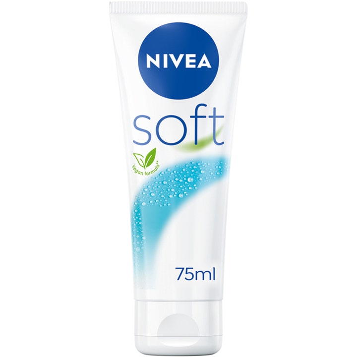 Nivea Soft 75 ml fuktighetskrem i hvit tube som gir myk hud med en vegansk og forfriskende formel.