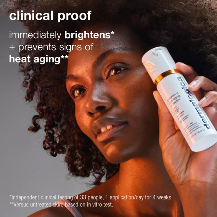 Dermalogica Biolumin-C Heat Aging Protector SPF50 15 ml dagkrem kvinne holder hvit pumpeflaske som gir glød
