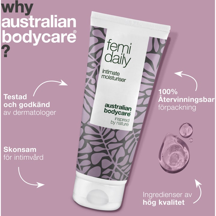 Australian Bodycare Femi Daily 100 ml intimkrem mot kløe i hvit tube med lilla mønster og klar geltekstur.