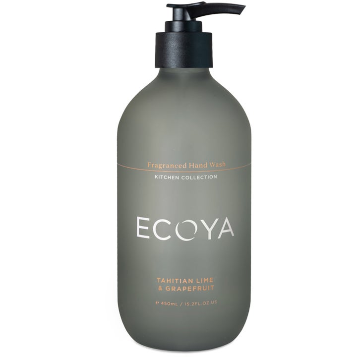 Ecoya Kitchen Hand Wash Tahitian Lime & Grapefruit 450 ml rensende håndsåpe i grå frostet glassflaske med sort pumpe.