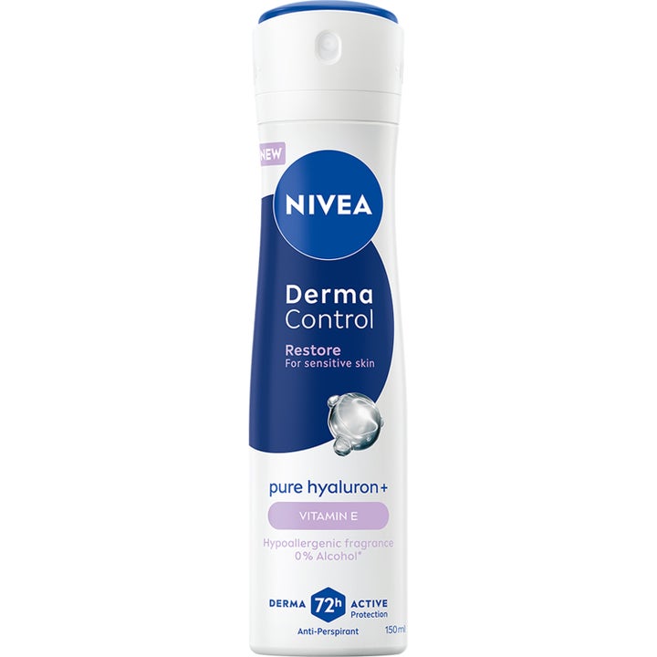Nivea Derma Control 150 ml antiperspirant spray med hyaluronsyre og vitamin E i hvit og blå metallflaske