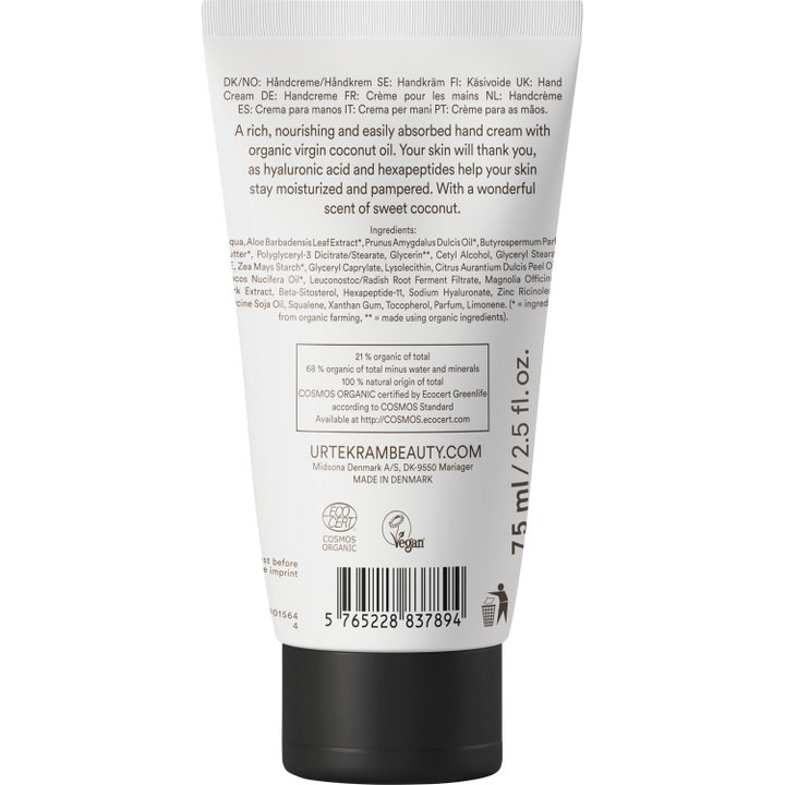 Urtekram Coconut Hand Cream 75 ml pleiende håndkrem i hvit tube med ingrediensliste og vegansk sertifisering