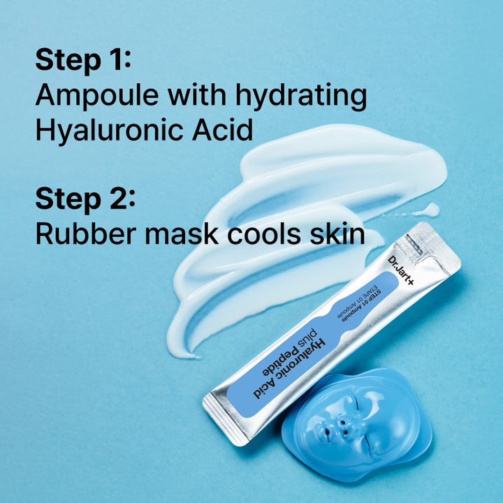 Dr.Jart+ Cryo Rubber Moisture Mask 36 g fuktighetsgivende ansiktsmaske med hyaluronsyre ampulle og hvit gel.
