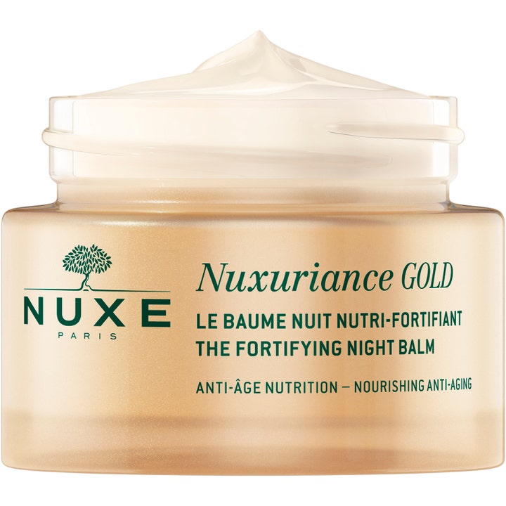 Nuxe Nuxuriance Gold Night Balm 184 g nærende nattkrem i gullfarget krukke som viser en fyldig kremet tekstur