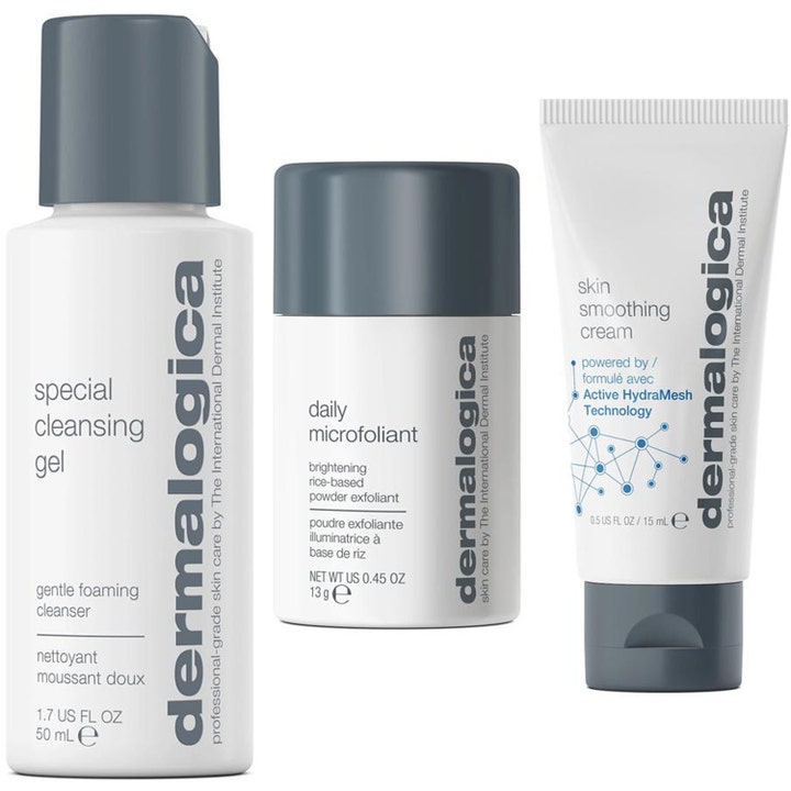 Dermalogica Discover Healthy Skin Kit 50ml 13g 15ml gir fukt og glød i hvite beholdere med mørkegrå korker