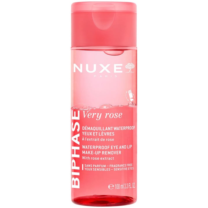 Nuxe Very Rose 100 ml biphase sminkefjerner fjerner vannfast sminke i en rosa gjennomsiktig flaske