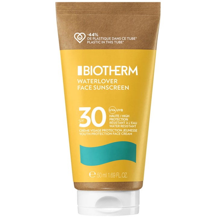 Biotherm Waterlover Face Sunscreen 50 ml SPF 30 solkrem i gul tube med papptue som gir beskyttelse mot aldringstegn.
