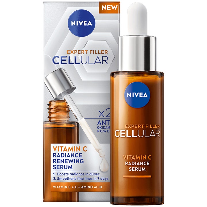 Nivea Cellular Expert Filler Vitamin C Serum gir glød i brun glassflaske med sølvfarget pipette og hvit eske